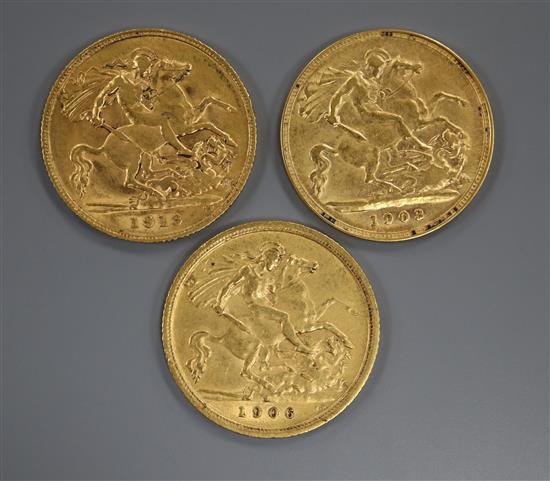 Three Edward VII/George V gold half sovereigns, 1903, VF, 1906S, VF, and 1913 NVF